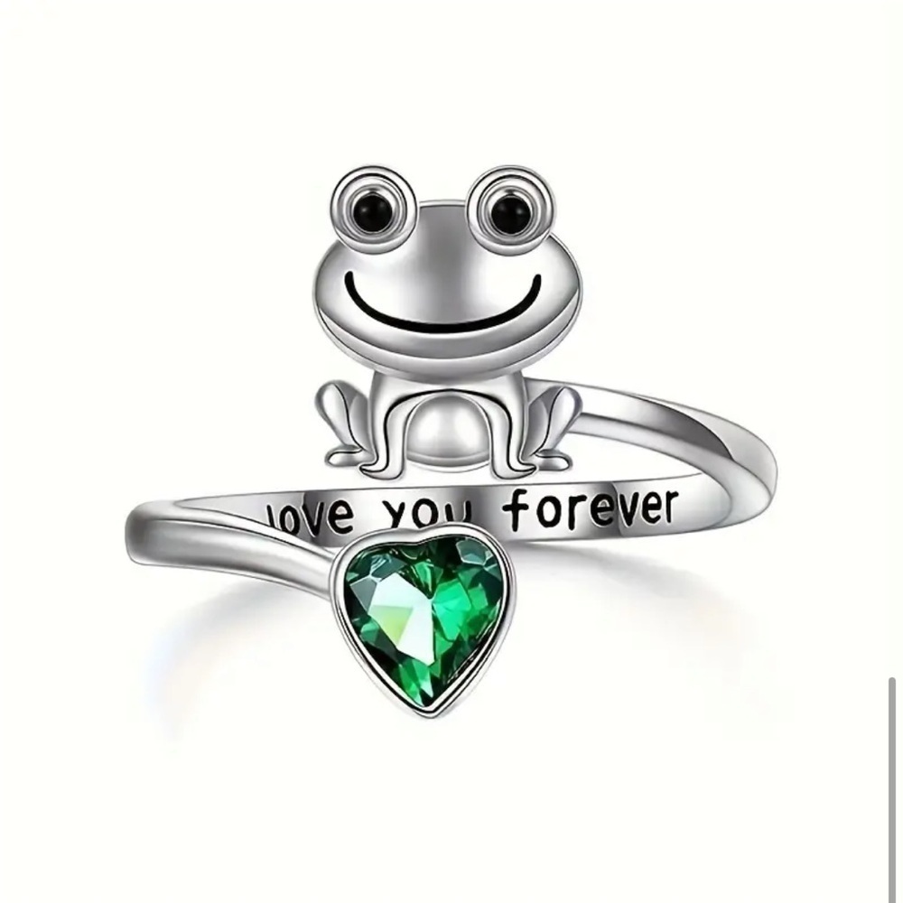 3/$25 Frog and Green Faux Emerald Heart Adjustable Open Ring “Love You Forever”
